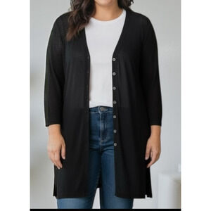 Chicos Travelers Black Long Button Up Cardigan Womens Size 2(L-12) Drapey Slinky